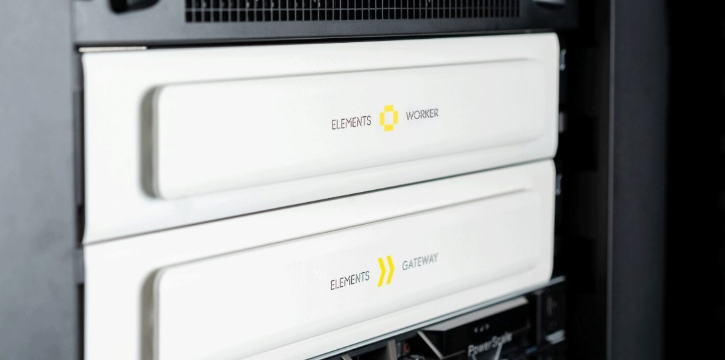 ELEMENTS worker nodes in a rack above PowerScale storage.
