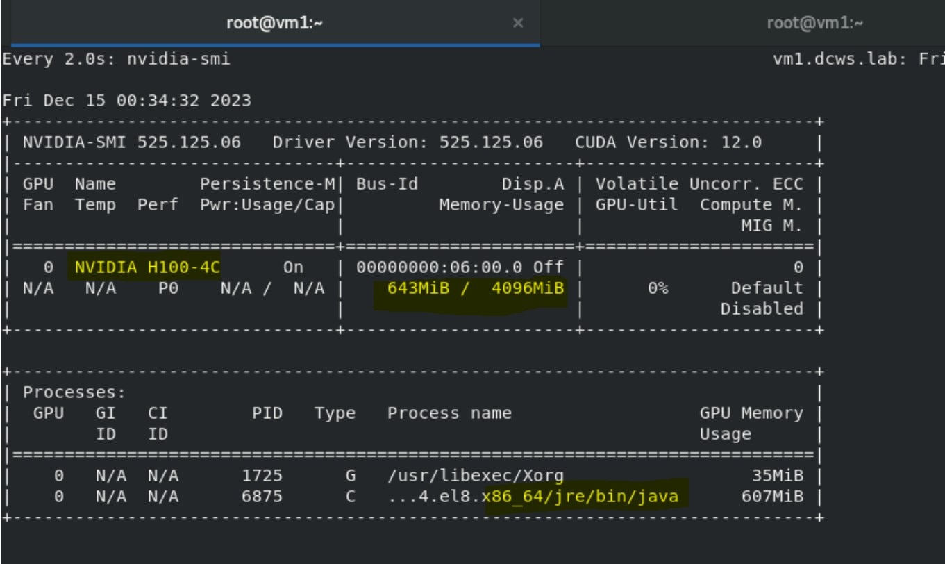 A terminal screenshot of command output displaying the H100-4C NVIDIA vGPU device attached to the VM, the NVIDIA and CUDA driver versions and the Java process running inside VM.