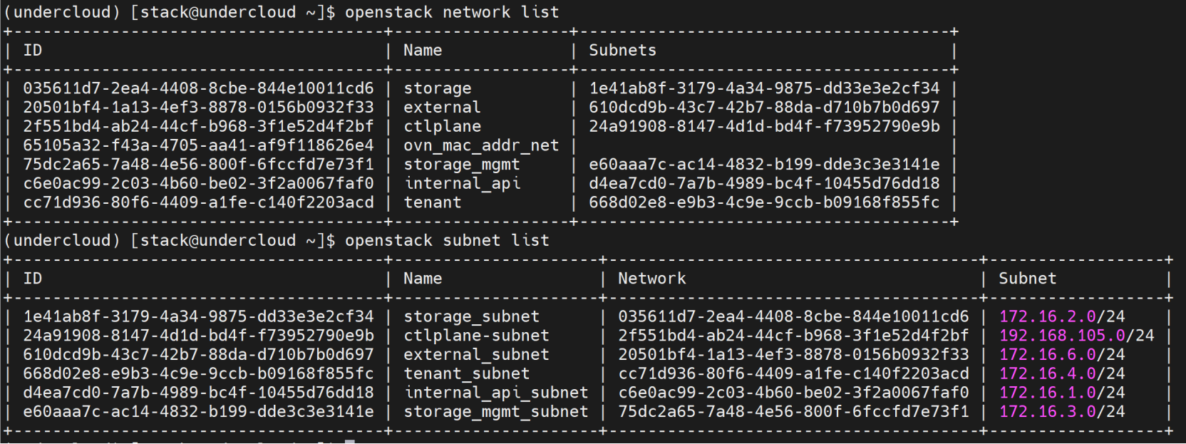 A screenshot of the commands "openstack network list" and "openstack subnet list". This is to verify the network data provision is successful.