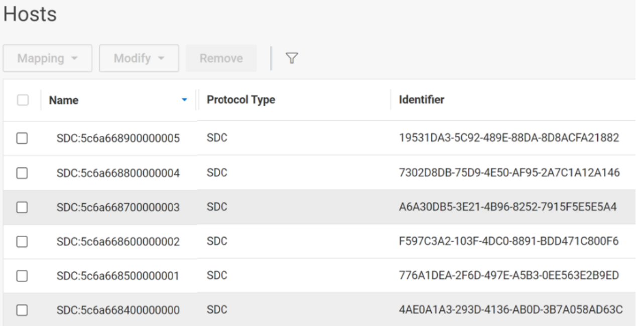 Screenshot showing the list of SD's from PowerFlex Manager UI. Here it lists all the nodes where SDC is installed, that is, OpenStack overcloud nodes.