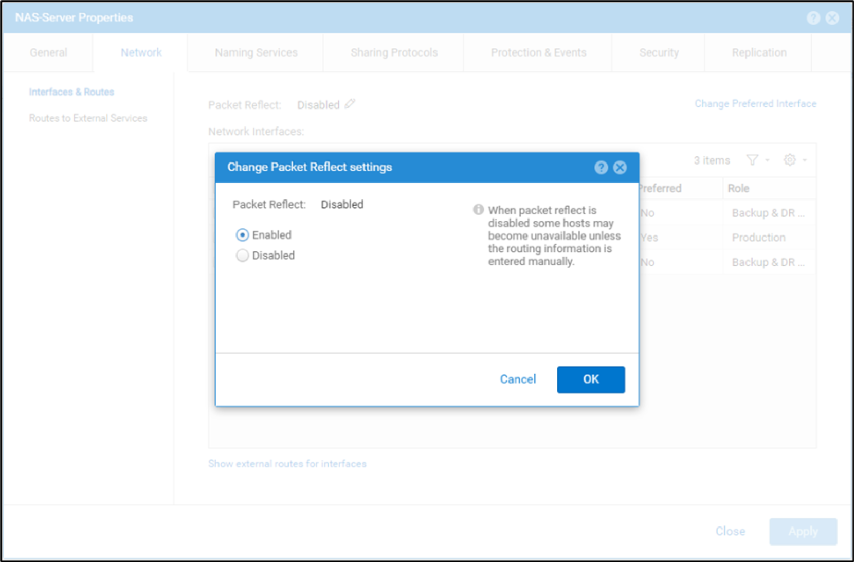 Shows whether Packet Reflect is enabled or disabled for the NAS Server Networks