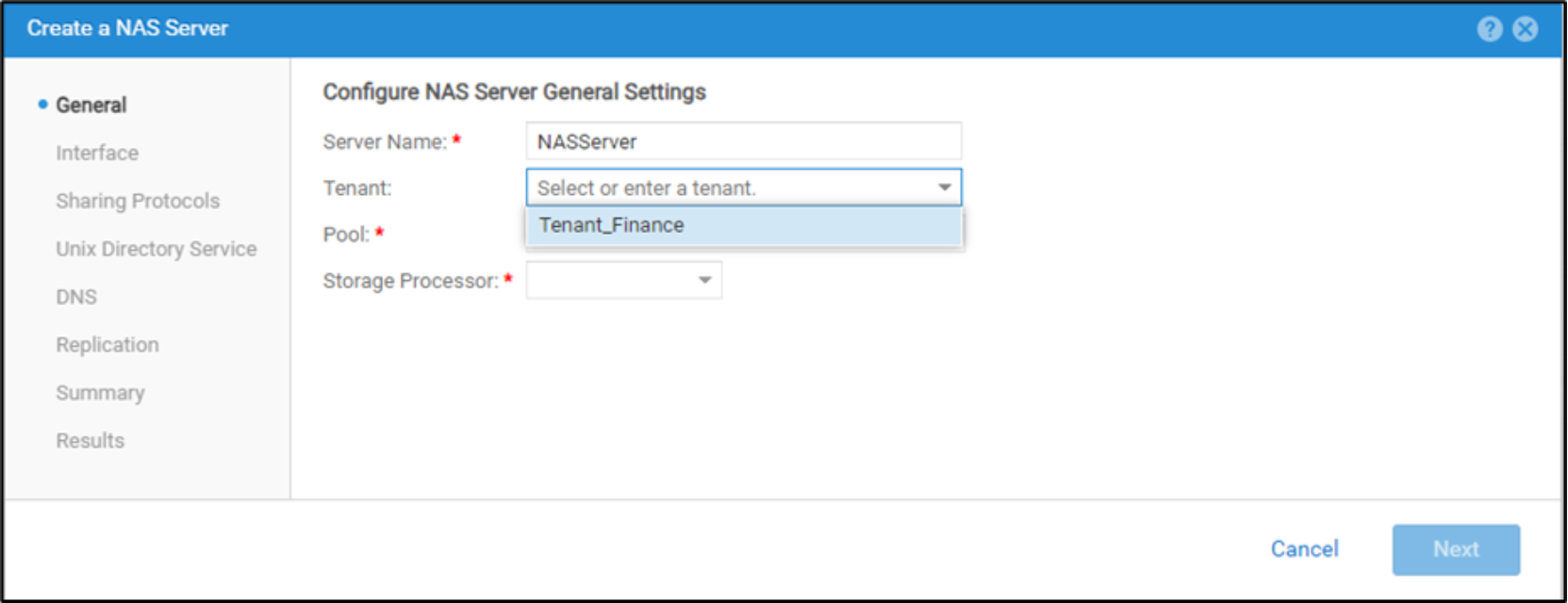 Shows the configuring of the Tenant on a NAS Server