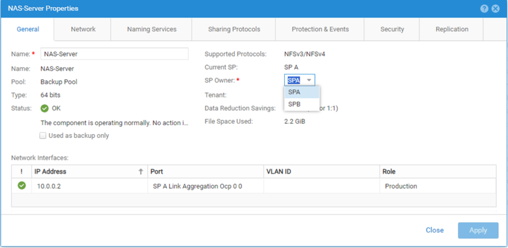 Show the ability to choose / Set what SP the NAS Server resides on