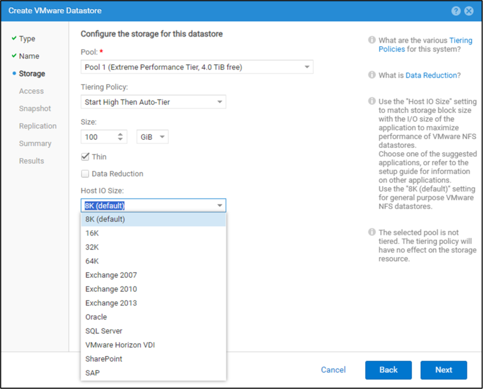 Shows the ability to set the Host IO size for a specific VMware Datastore in Unisphere