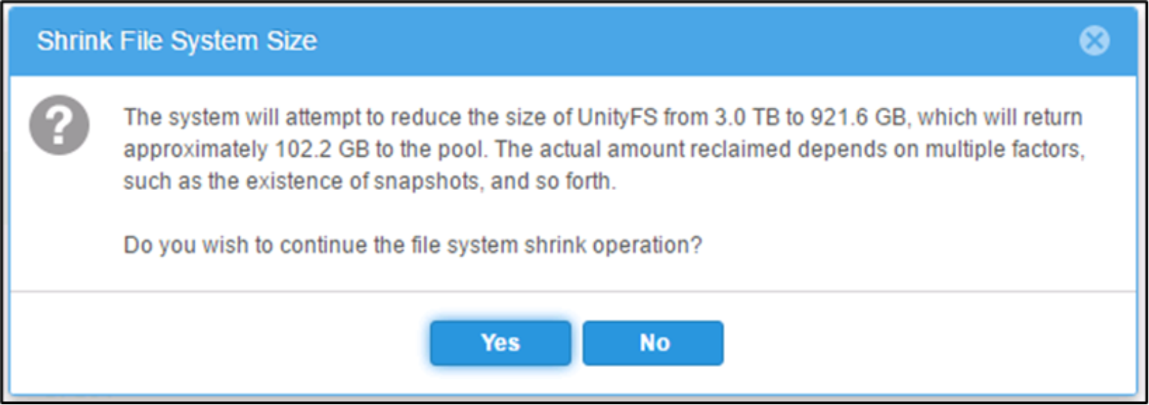 Shows Shrink File System operation warning