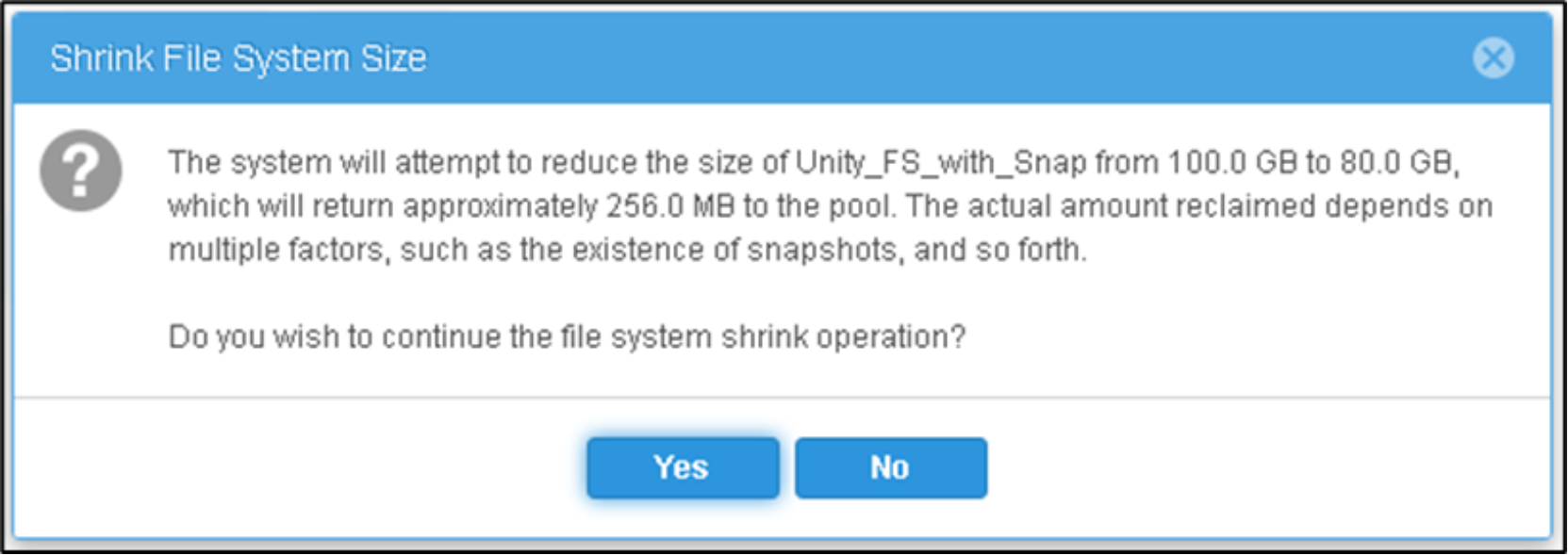 Shows Shrink File System operation warning with Snapshots