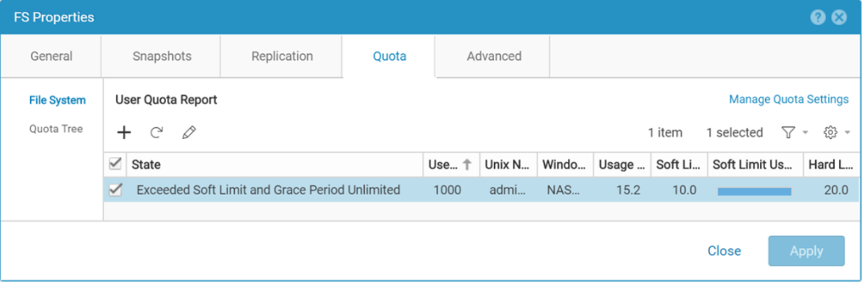 Shows the soft limit of a quota has been exceeded 