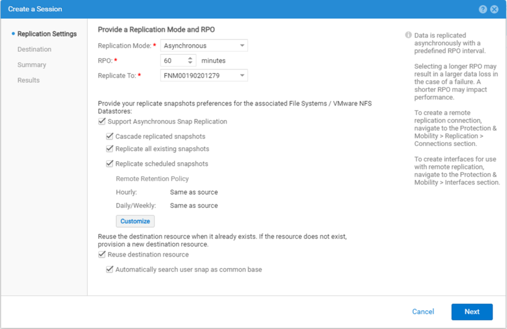 Shows configuring of a replication session with snapshots being replicated