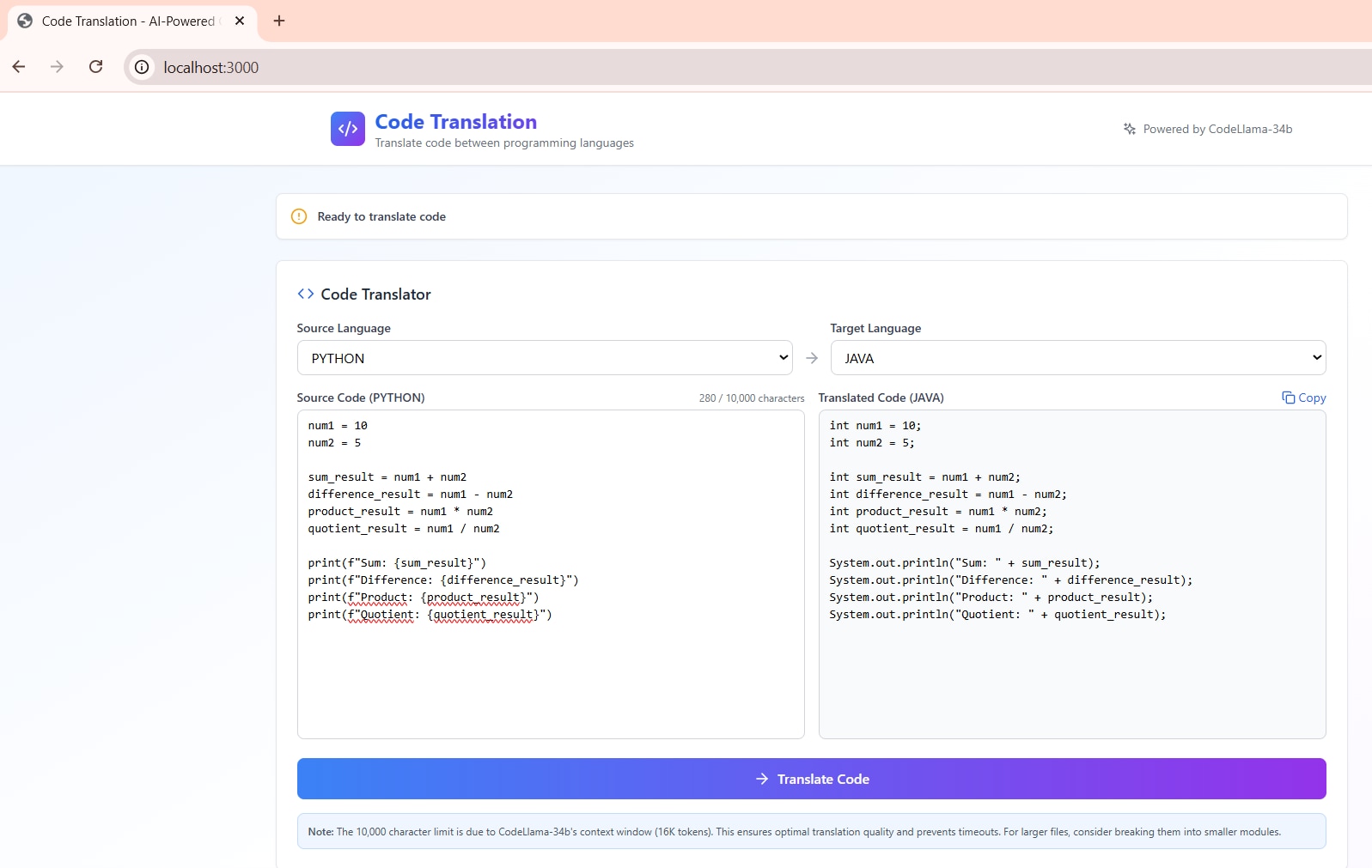 Screenshot of a code translation web application interface showing Python source code on the left and Java translated code on the right. The interface includes dropdown menus for selecting source and target languages, a "Translate Code" button, and a header with the app name and logo.  AI-generated content may be incorrect.