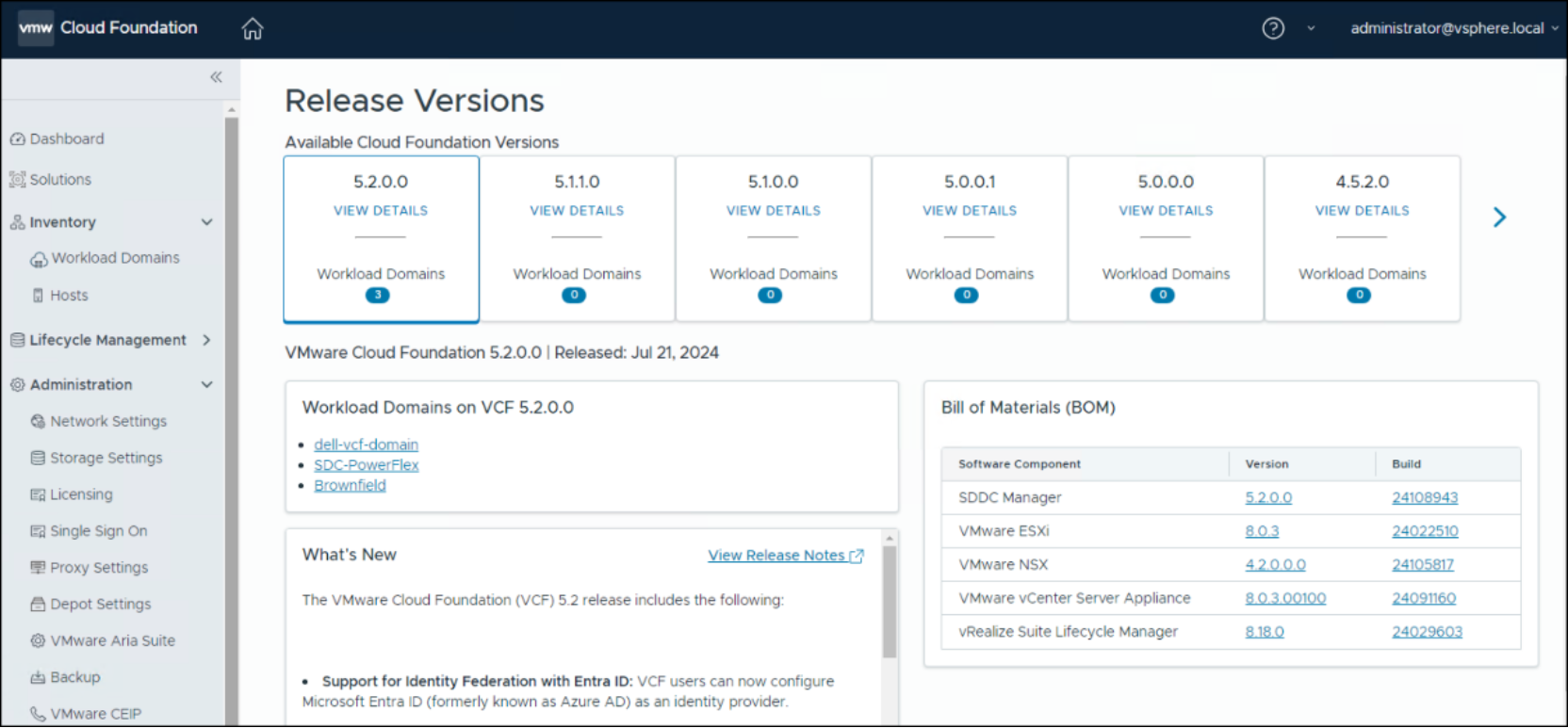 Lifecycle management UI for VCF with 5.2 down to 4.5.2