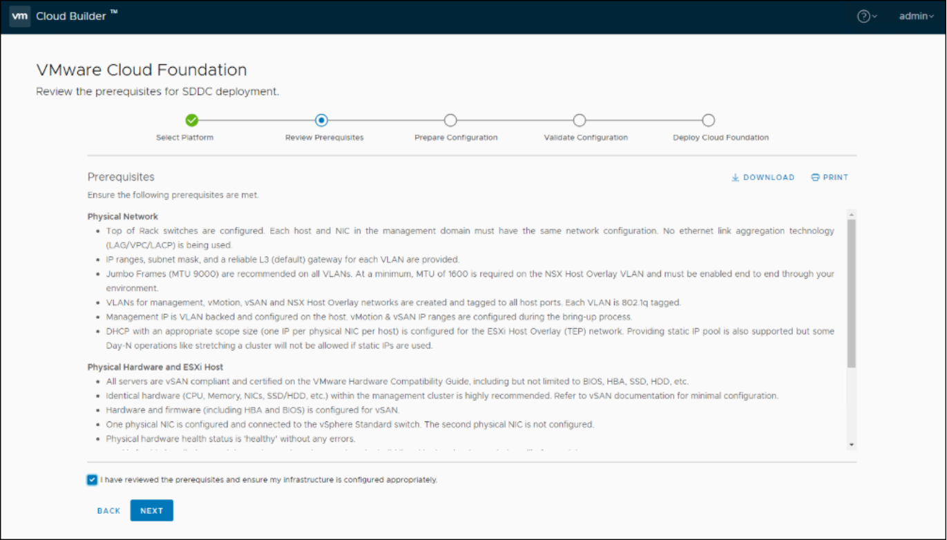 Cloud Builder will show all VCF prerequisites before the installation