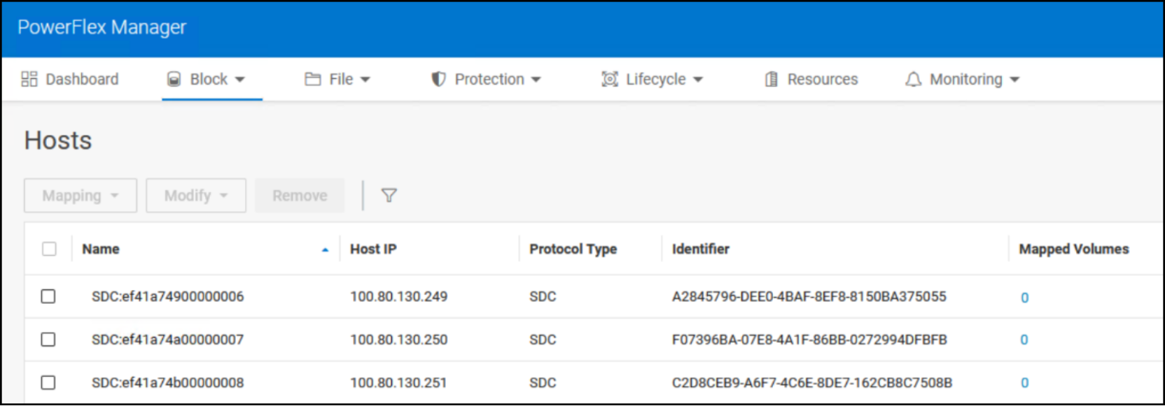 The PowerFlex UI here shows the installed SDCs.