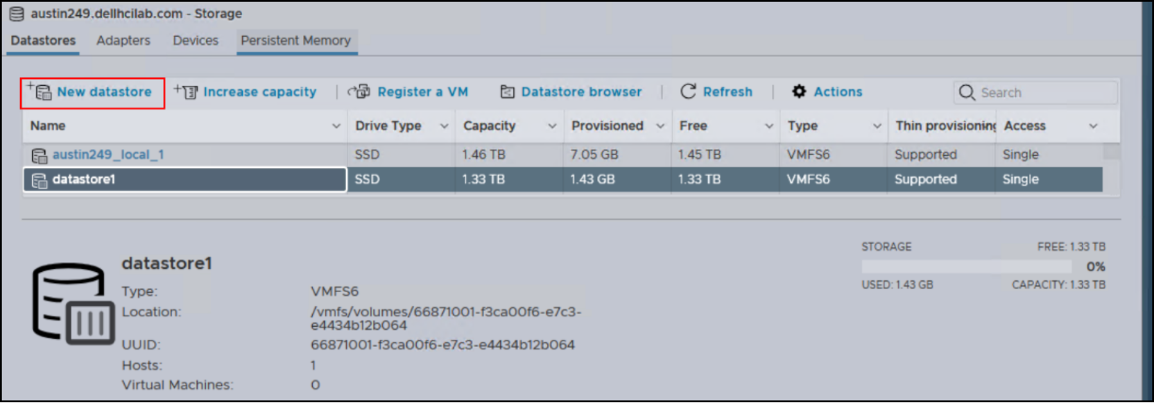 Create a new datastore in the ESXi client for use in the workload domain