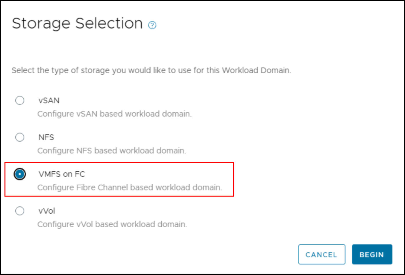 Select the storage type in the VI workload domain creation - VMFS on FC.