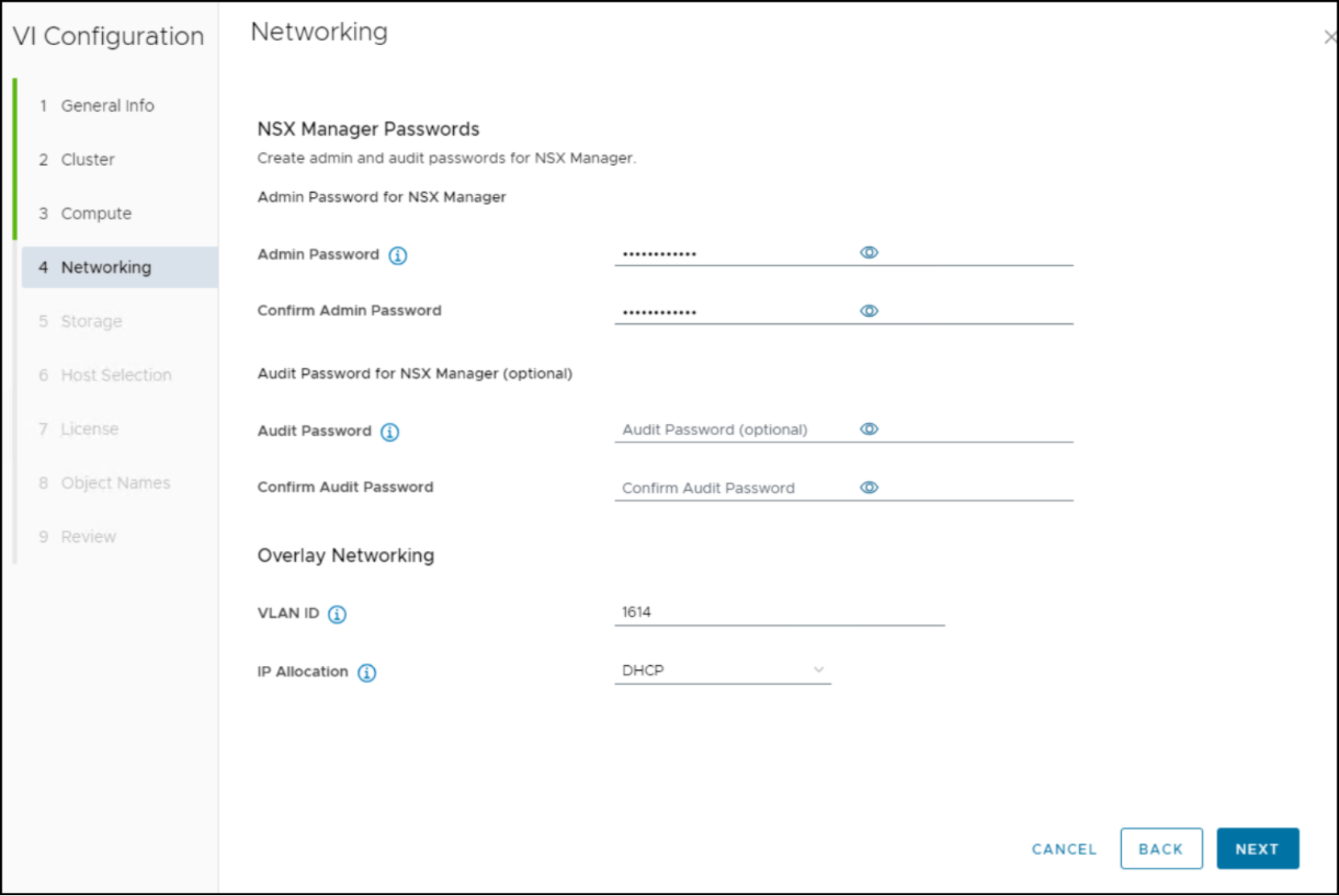 In the VI Configuration wizard, step 3 enter in networking