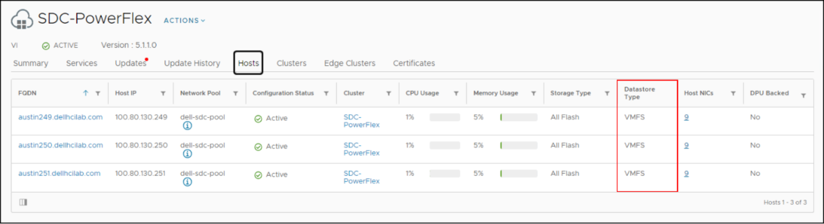 This shows the active workload domain and in particular the datastore type.