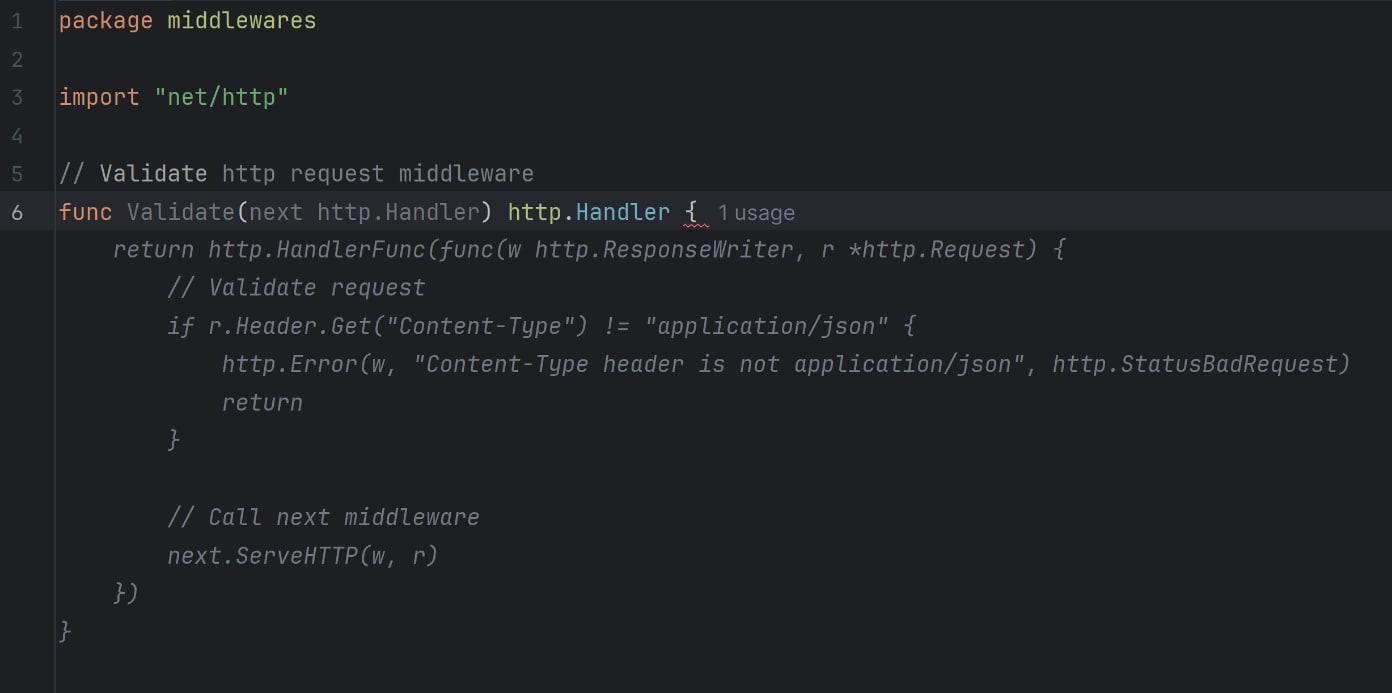 A screenshot of copilot prompt to generate snippet for HTTP request middleware.