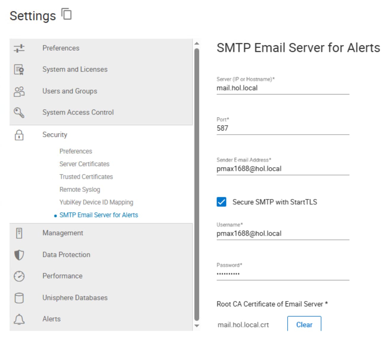 Screenshot of enabling secure alerts in Unisphere. 