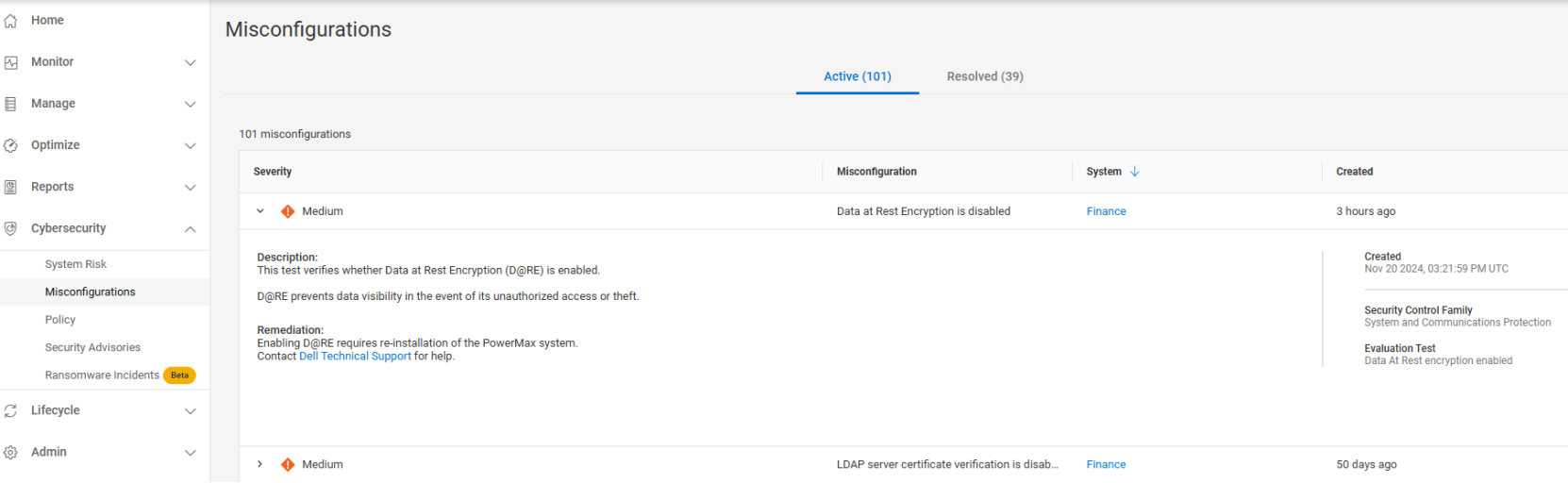 A screenshot showing the Cybersecurity Misconfigurations page in AIOps Observability.
