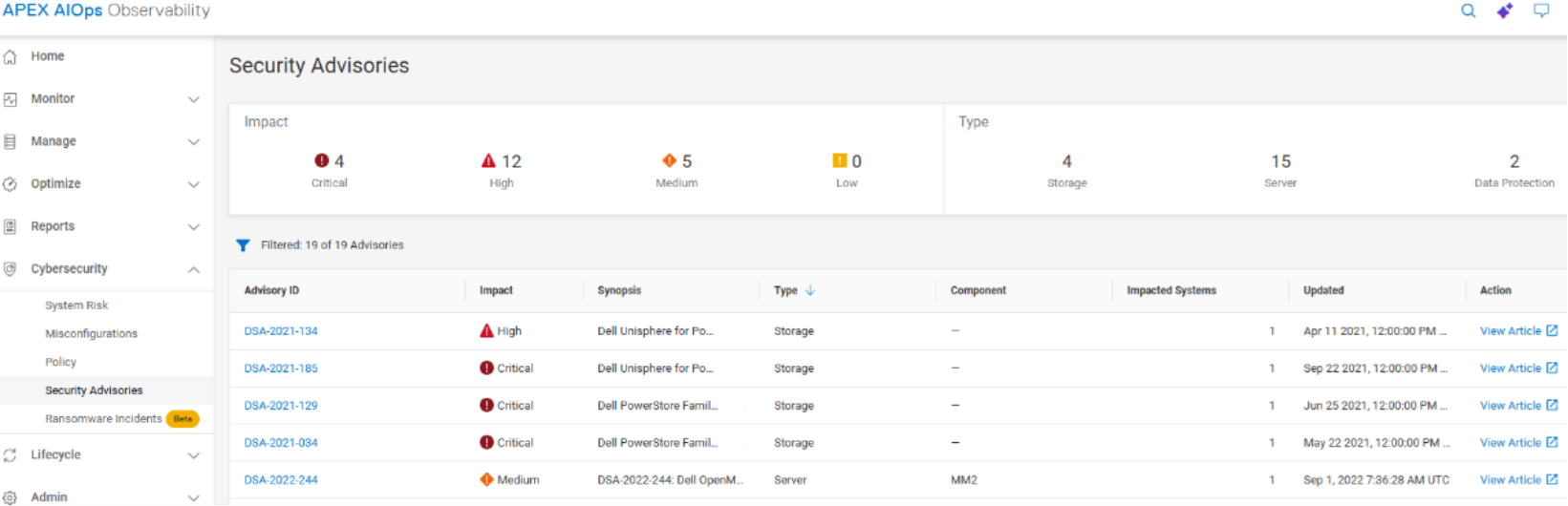 A screenshot showing the Security Advisories page in AIOps Observability. 
