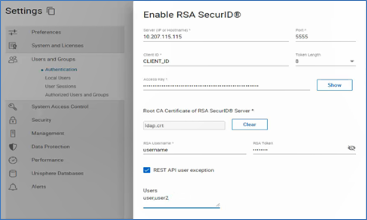 A screenshot showing the enabling of RSA SecureID within Unisphere. 