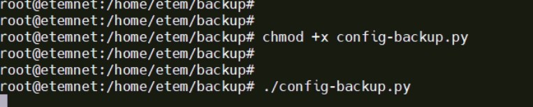 Screenshot of a Linux terminal showing commands used to prepare and perform a Python backup script.