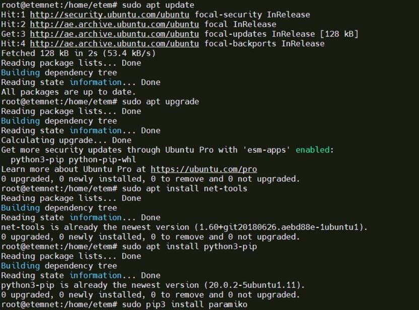 Screenshot of a Linux terminal showing Ubuntu package management commands, including apt update, apt upgrade, and installation checks for net-tools and python3-pip. The output indicates that system packages are up to date, the requested packages are already installed, and a pip3 install paramiko command is about to be performed.