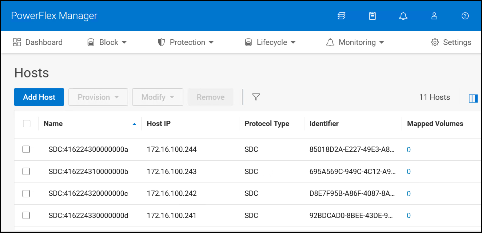PowerFlex Manager displaying the SDC hosts of the management domain