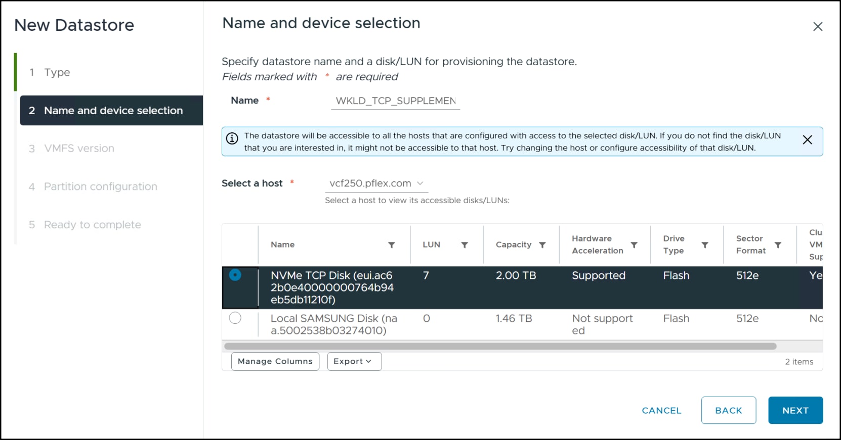 This shows step 2 of the datastore wizard in vCenter when choosing the new TCP device
