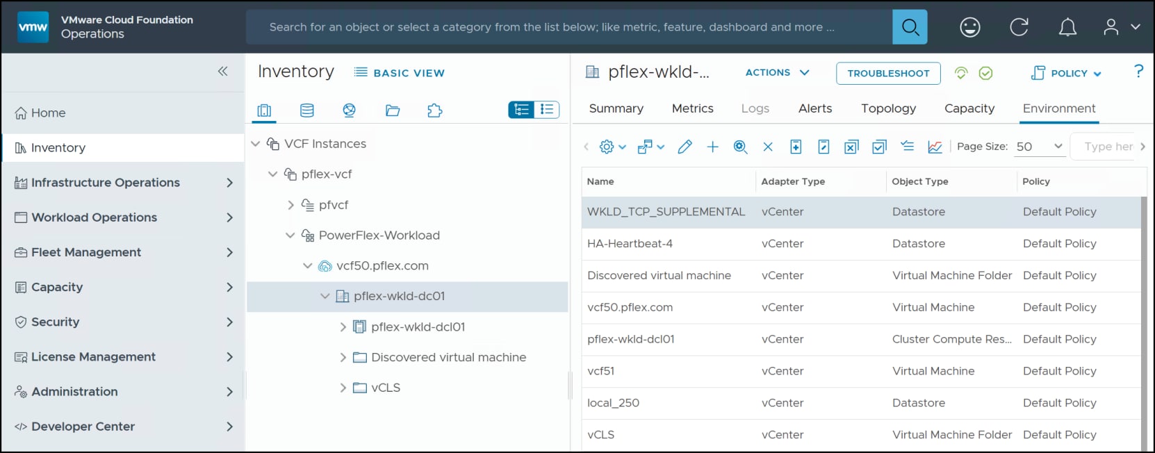 VCF Operations view of the supplemental datastore