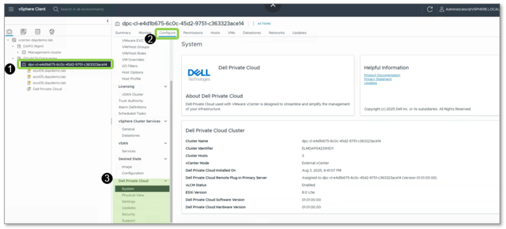 Screenshot of vSphere Client interface displaying Dell Private Cloud system details. Left panel shows a hierarchical menu with a selected cluster (highlighted in green), middle panel presents system overview including cluster name, identifier, version, and installation date, while right panel contains helpful information and copyright notice.AI-generated content may be incorrect.