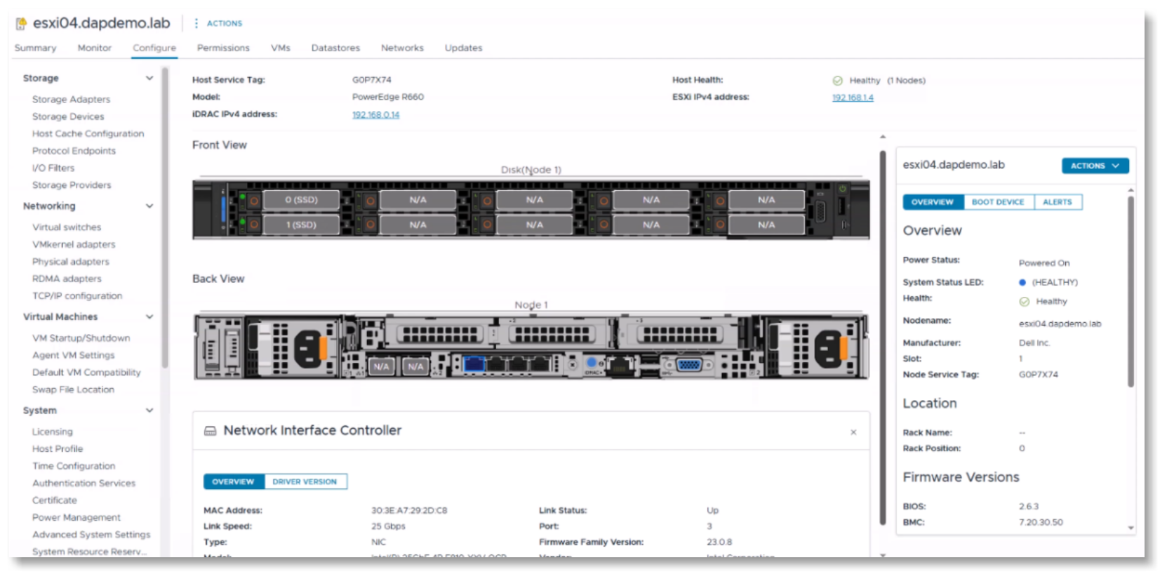 Screenshot of a server management dashboard showing front and back views of a Dell PowerEdge R660 server with status indicators and network interface details. Key elements include server health marked as healthy, IP addresses, firmware versions, and network controller specifications with MAC address, link speed, and port information.AI-generated content may be incorrect.