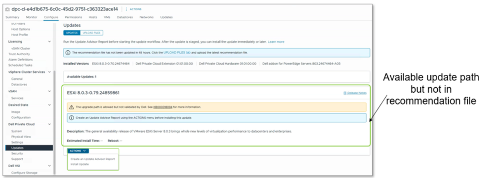 Screenshot of a software update interface for ESXi 8.0.3 showing an available update path not included in the recommendation file. The interface highlights current installed versions, update options, and a warning that the update path is not recommended, with buttons for creating an advisor report or installing updates.AI-generated content may be incorrect.