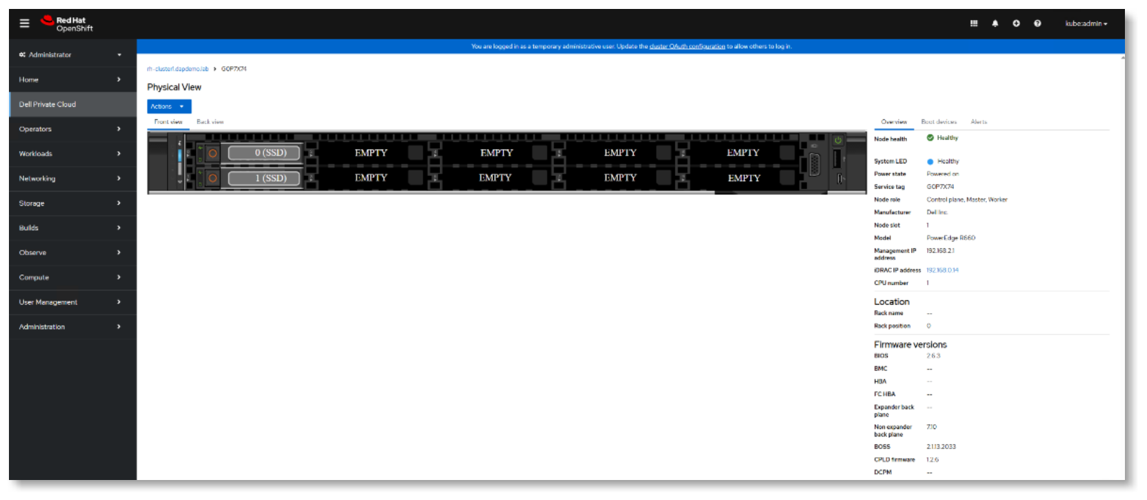 Screenshot of a server management interface displaying a physical view of a server chassis with multiple slots, where two slots are occupied by devices labeled "E10G42" and the rest are marked "EMPTY." The interface includes detailed hardware information on the right panel, such as device type, model, serial number, firmware versions, and location, aiding in server inventory and status monitoring.AI-generated content may be incorrect.
