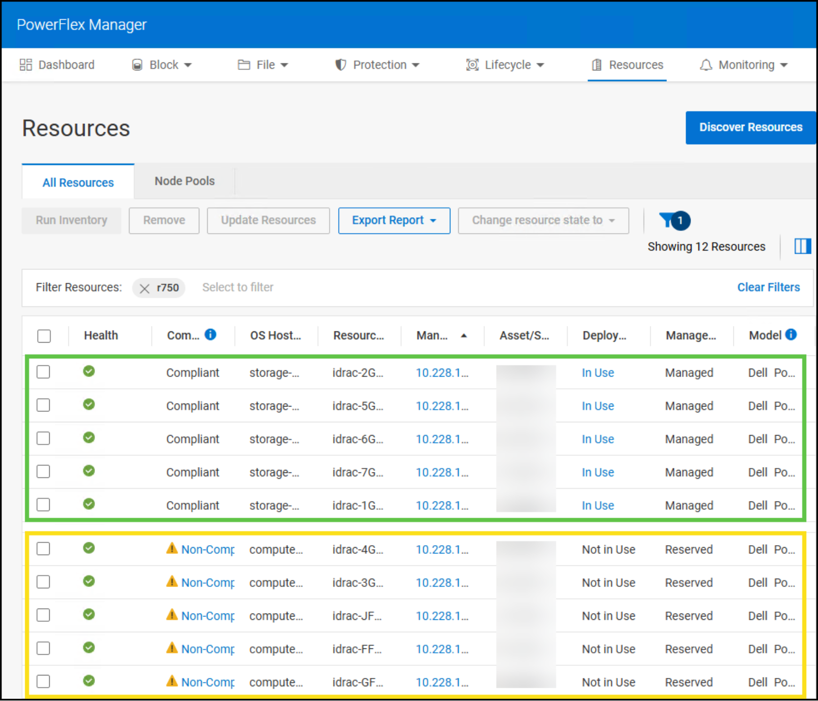 Screen capture of PweroFlex Manager UI showing storage and compute resource types.