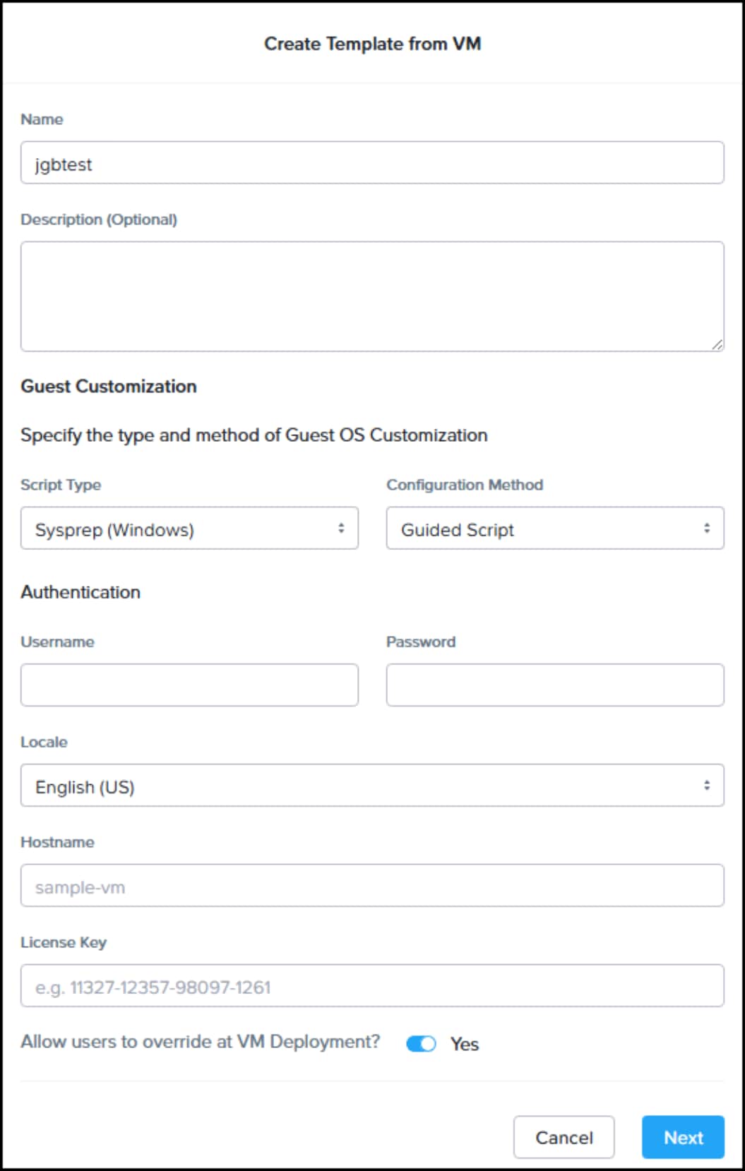 Screenshot of the Create Template from VM workflow.