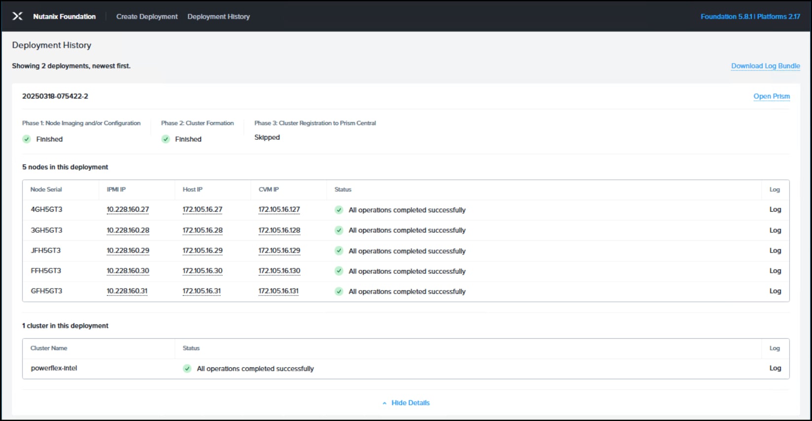 Screenshot of Nutanix Foundation Deployment History page with successful completed deployment.