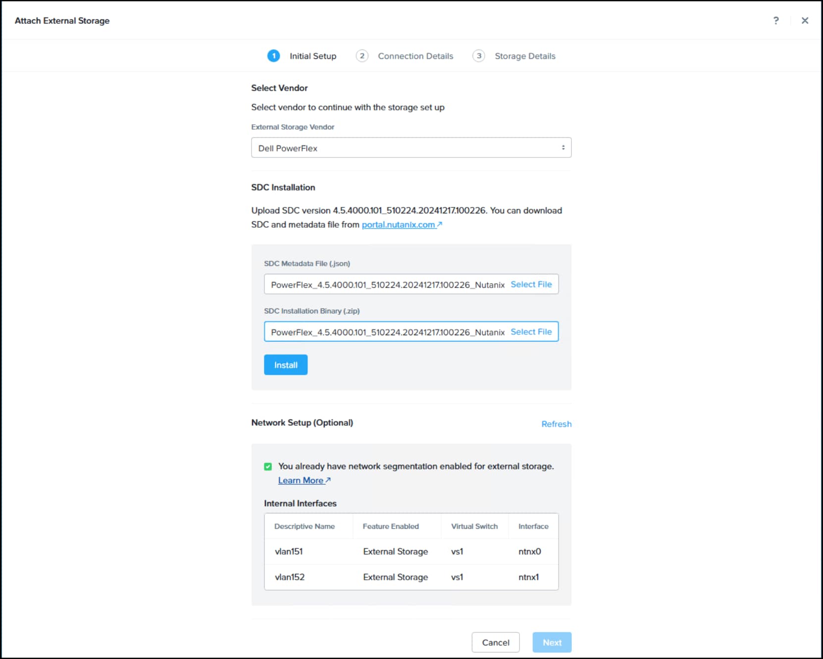 Screenshot of Prism Element UI Attach External Storage workflow install SDC.