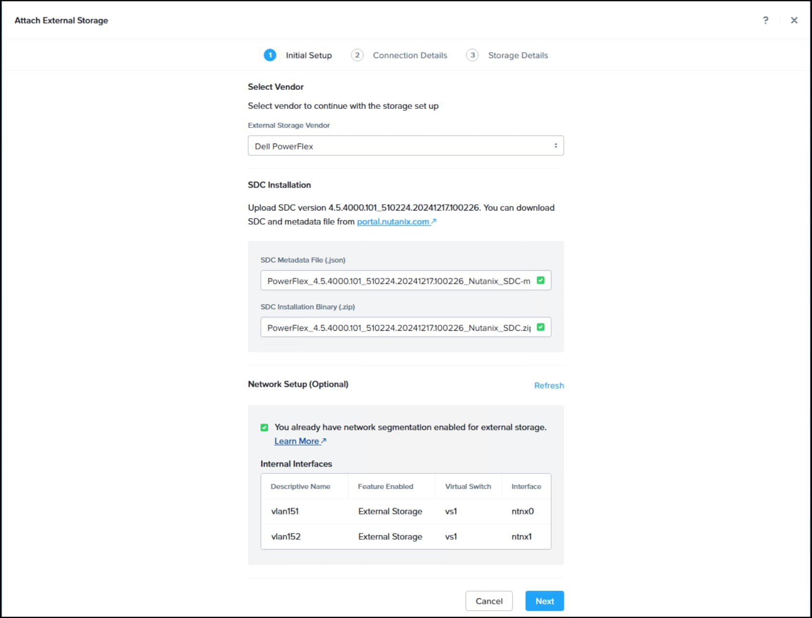 Screenshot of Prism Element UI Attach External Storage workflow.