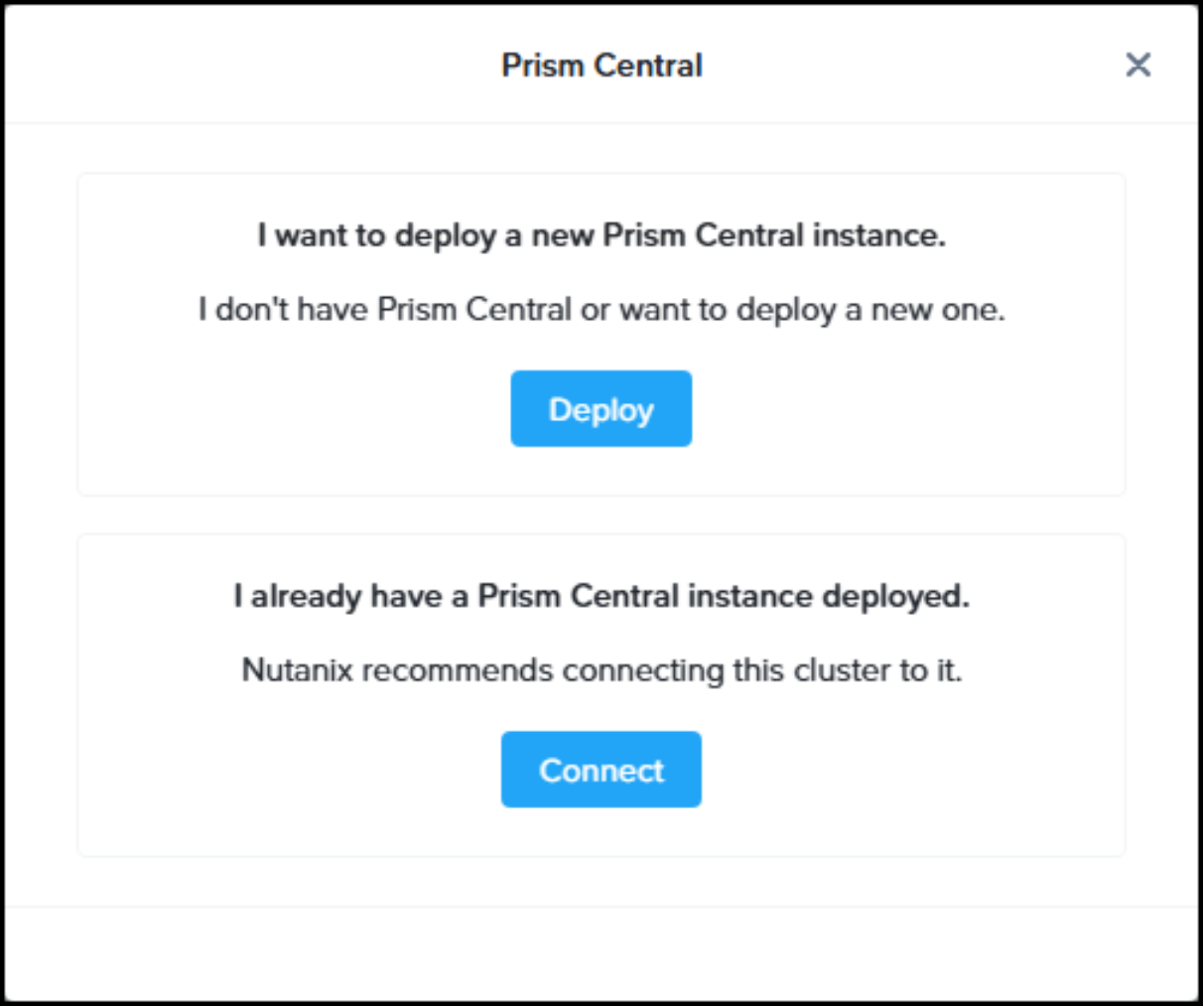 Screenshot of Prism Element UI Deploy Prism Central instance workflow.