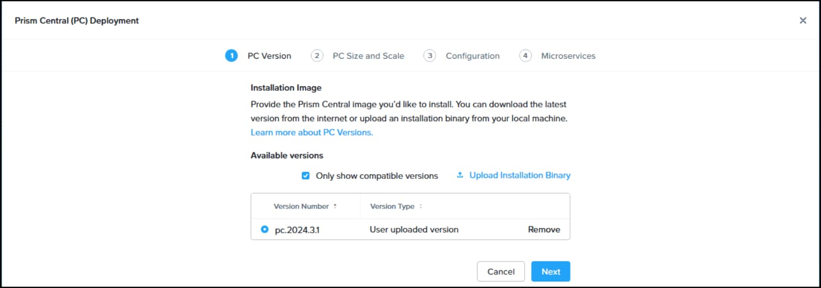 Screenshot of Prism Element UI Deploy Prism Central instance workflow choose PC version.