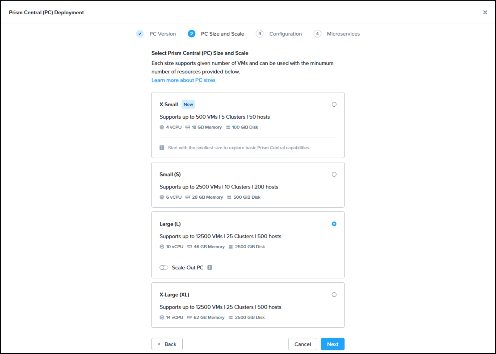 Screenshot of Prism Element UI Deploy Prism Central instance workflow choose PC size.