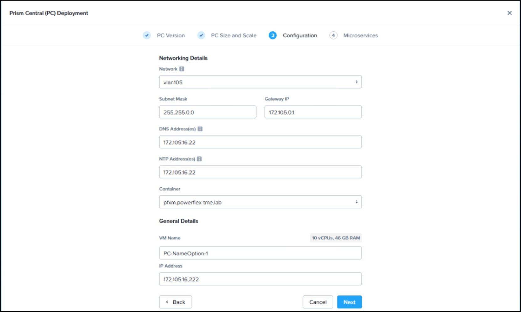 Screenshot of Prism Element UI Deploy Prism Central instance workflow Networking Details.