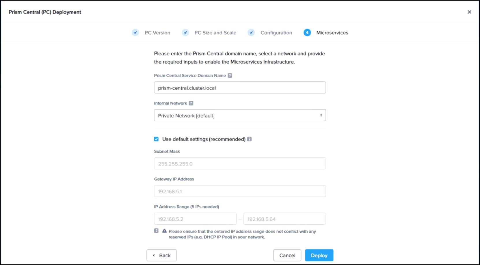 Screenshot of Prism Element UI Deploy Prism Central instance workflow Microservices detail.