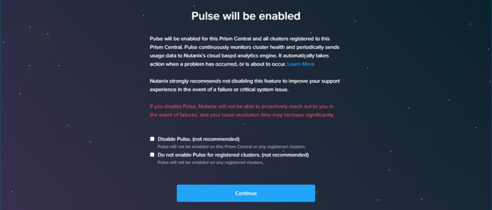 Screenshot of Prism Central UI Disable Pulse.