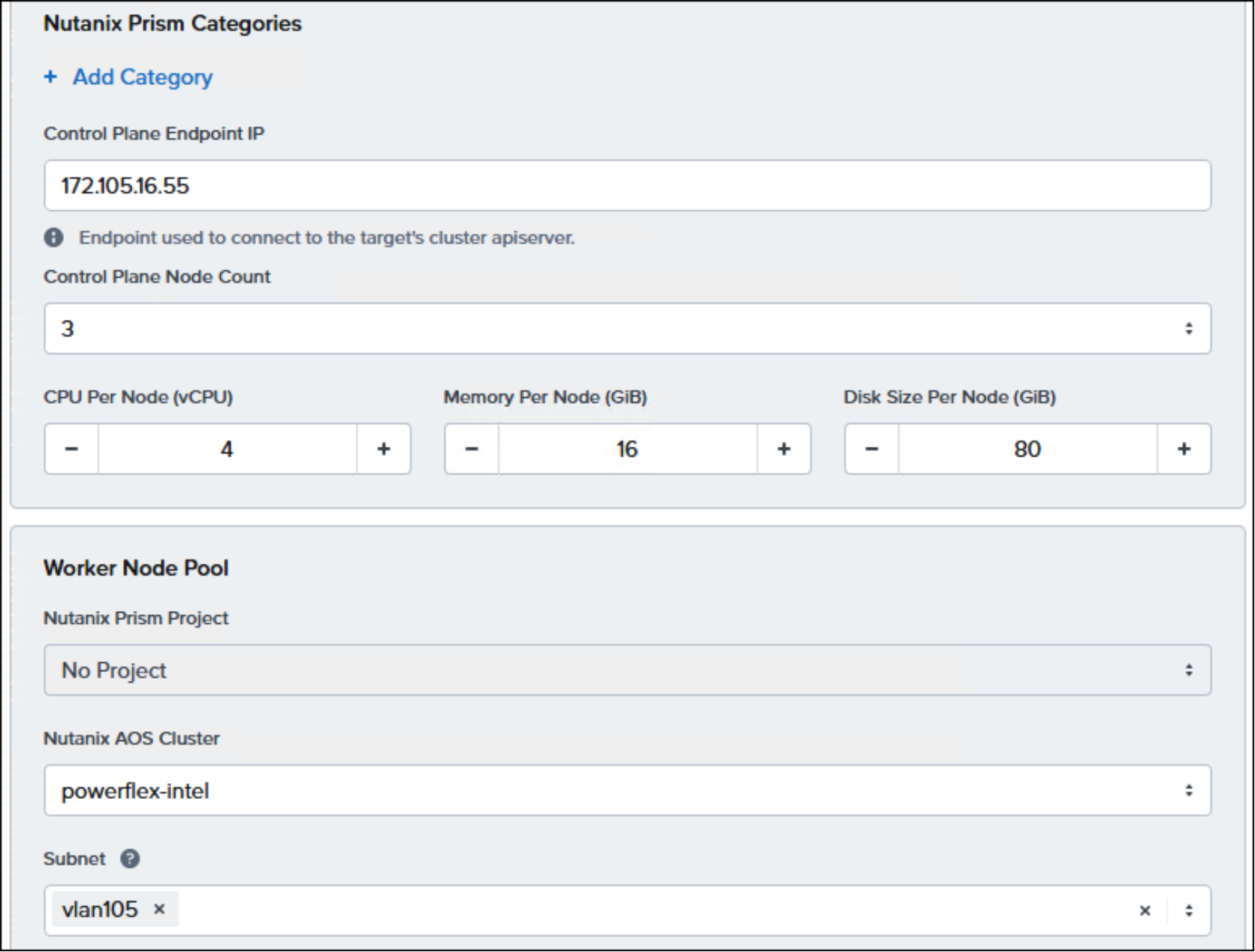 Figure showing control plane and worker node details portion of NKP workload cluster deployment.