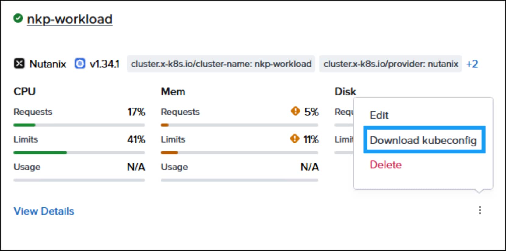 Figure showing the kubeconfig download location for the NKP workload cluster.