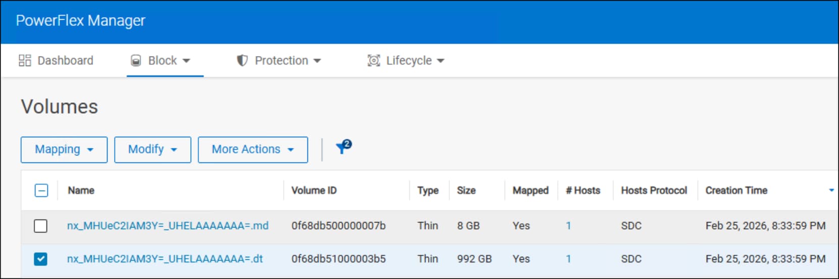 Screenshot of a software interface displaying a table titled "Volumes" within PowerFlex Manager. The table lists two volumes with details including Volume ID, Type, Size, Mapped status, Host count, Hosts Protocol, and Creation Time, highlighting one volume sized 8 GB and another 992 GB, both mapped and using SDC protocol.AI-generated content may be incorrect.