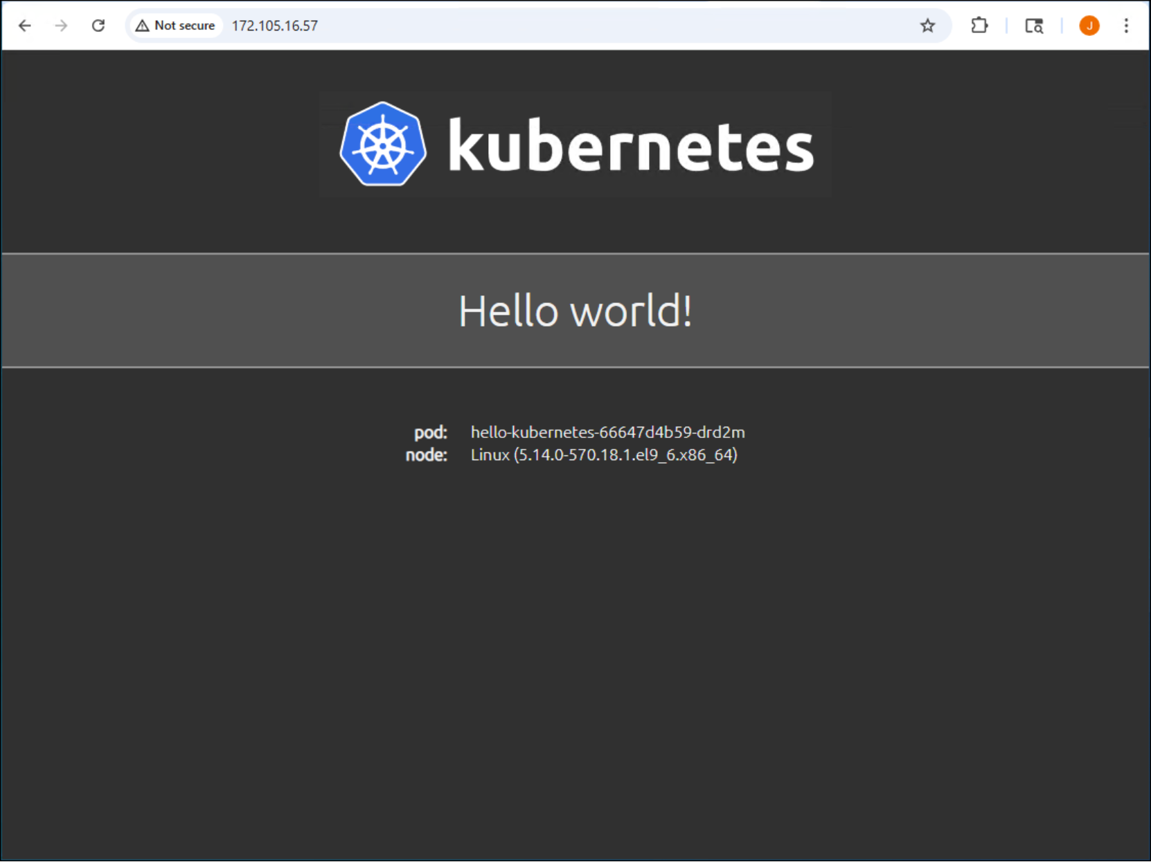 Figure of the hello-kubernetes application front end accessed by a web browser