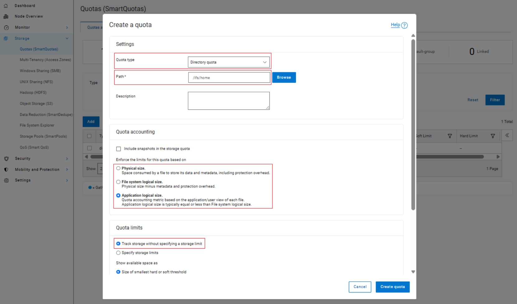 Screenshot of a software interface for creating a storage quota, showing options for quota type, path, and description input fields. The dialog highlights quota accounting settings with selectable options like physical size, logical size, and application logical size, along with quota limits settings to track storage usage with or without specifying a storage limit.